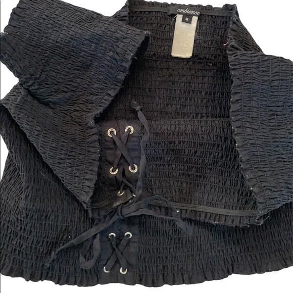 Ambiance On or Off Shoulder smocked Short sleeve Tie Front crop top Size M - Picture 7 of 15